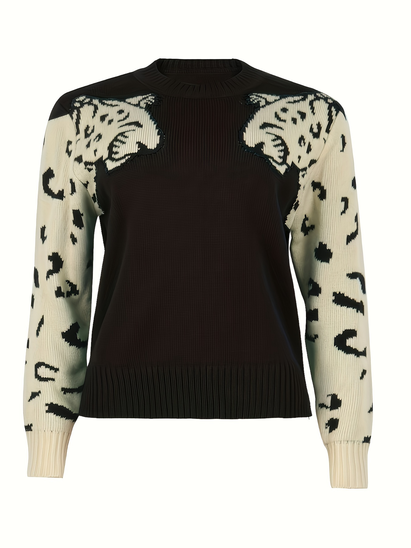 contrast leopard pattern crew neck knit top casual long sleeve pullover sweater for fall winter womens clothing details 14