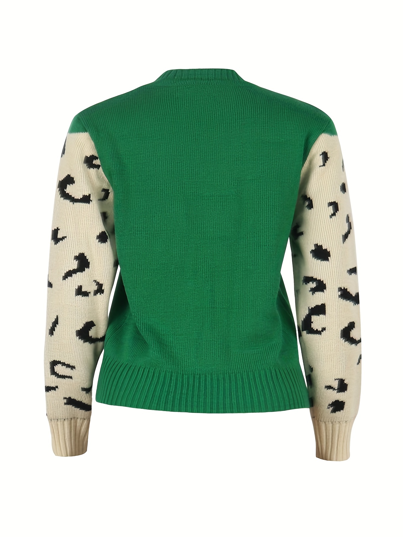 contrast leopard pattern crew neck knit top casual long sleeve pullover sweater for fall winter womens clothing details 15