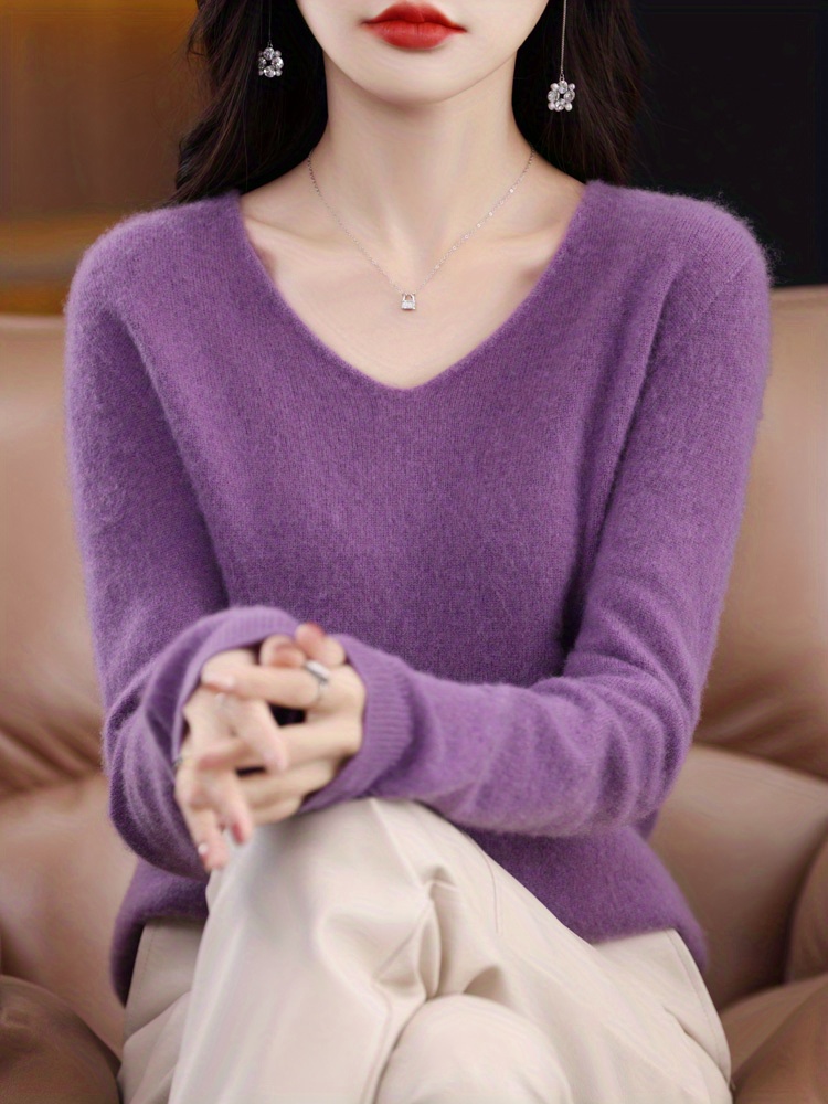 solid simple knit sweater elegant v neck long sleeve sweater womens clothing details 0