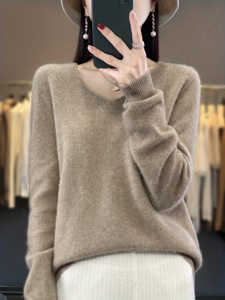 solid simple knit sweater elegant v neck long sleeve sweater womens clothing details 2