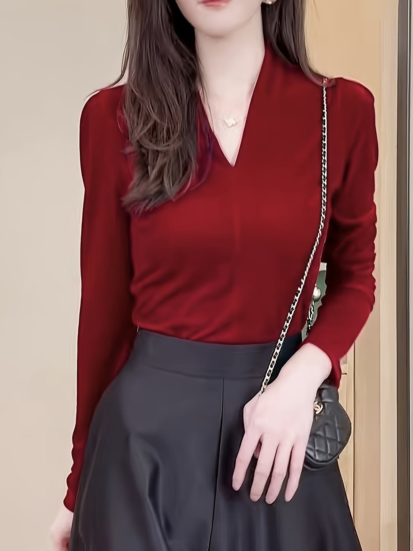 solid v neck velvet top elegant long sleeve pullover sweater womens clothing details 0