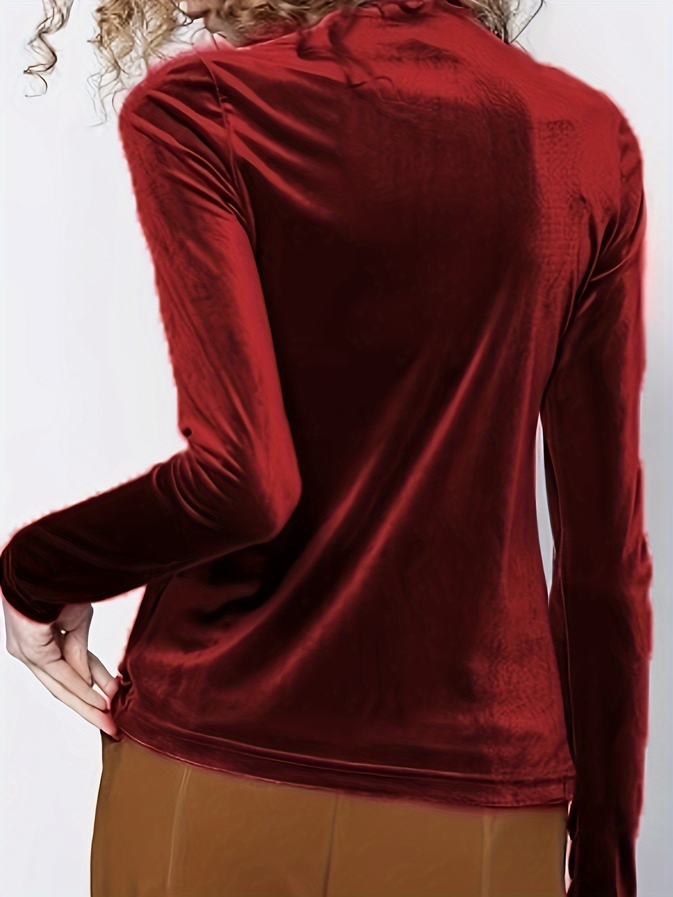 solid v neck velvet top elegant long sleeve pullover sweater womens clothing details 1