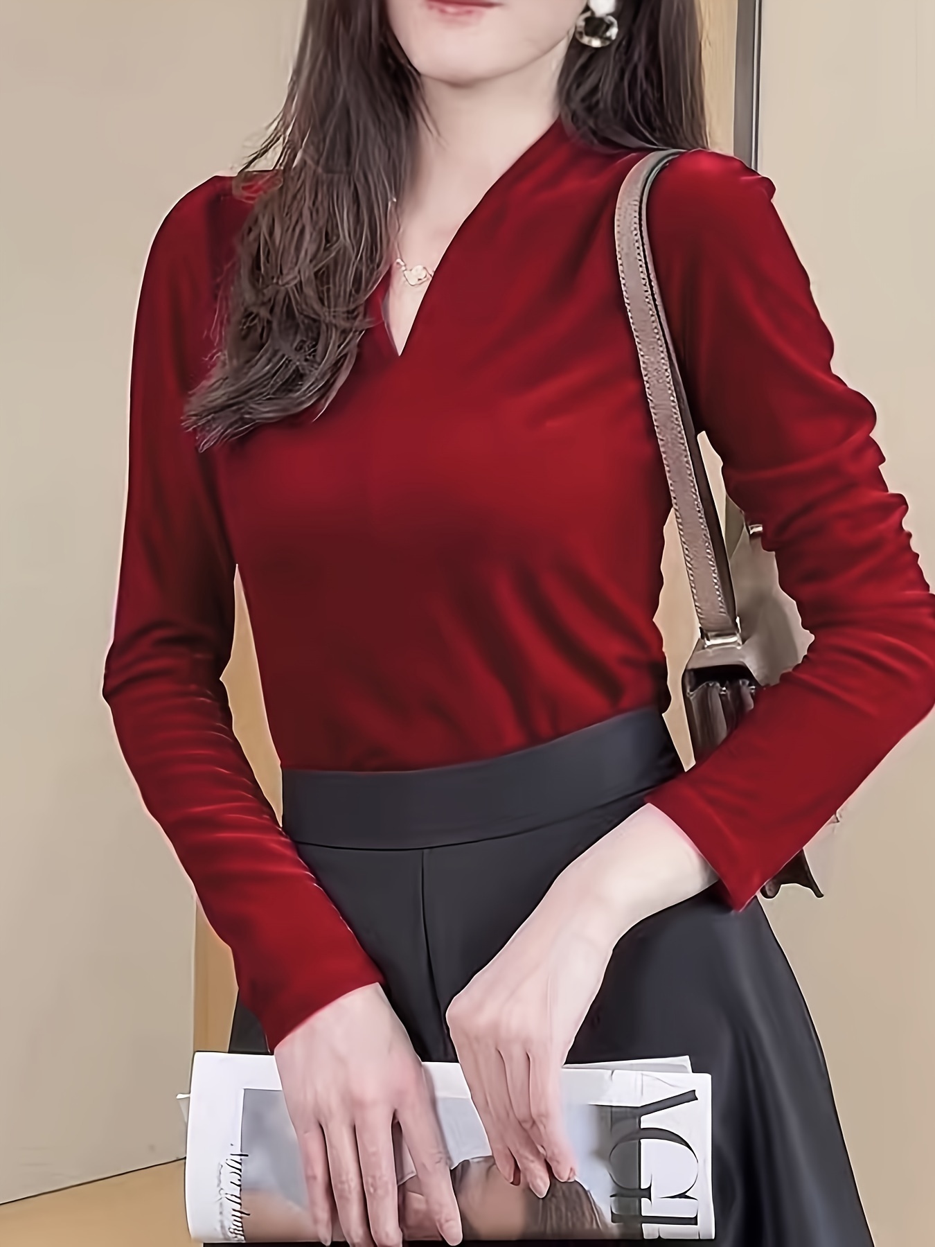 solid v neck velvet top elegant long sleeve pullover sweater womens clothing details 3