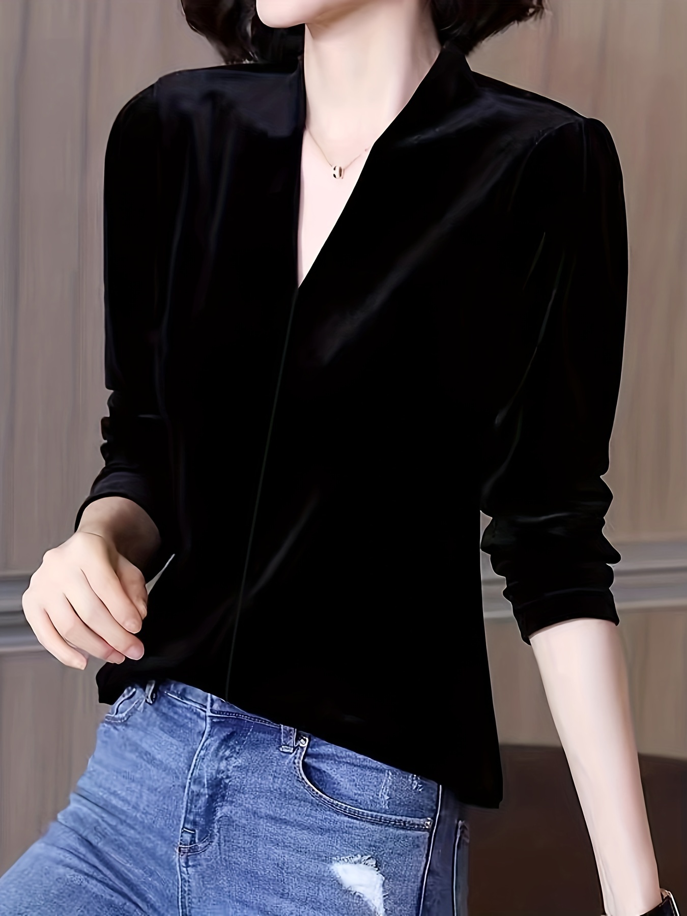 solid v neck velvet top elegant long sleeve pullover sweater womens clothing details 13