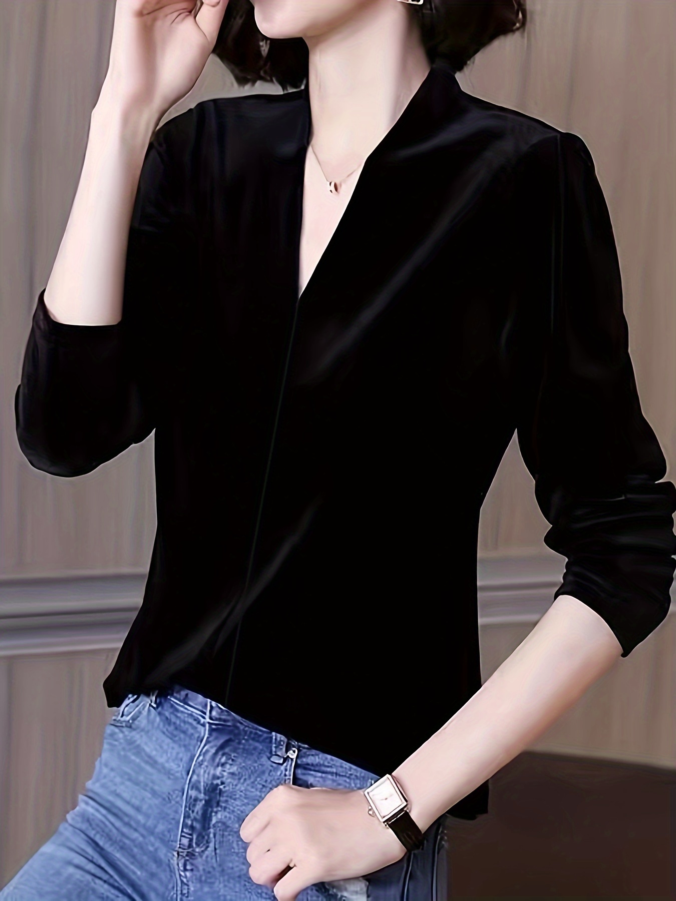 solid v neck velvet top elegant long sleeve pullover sweater womens clothing details 14