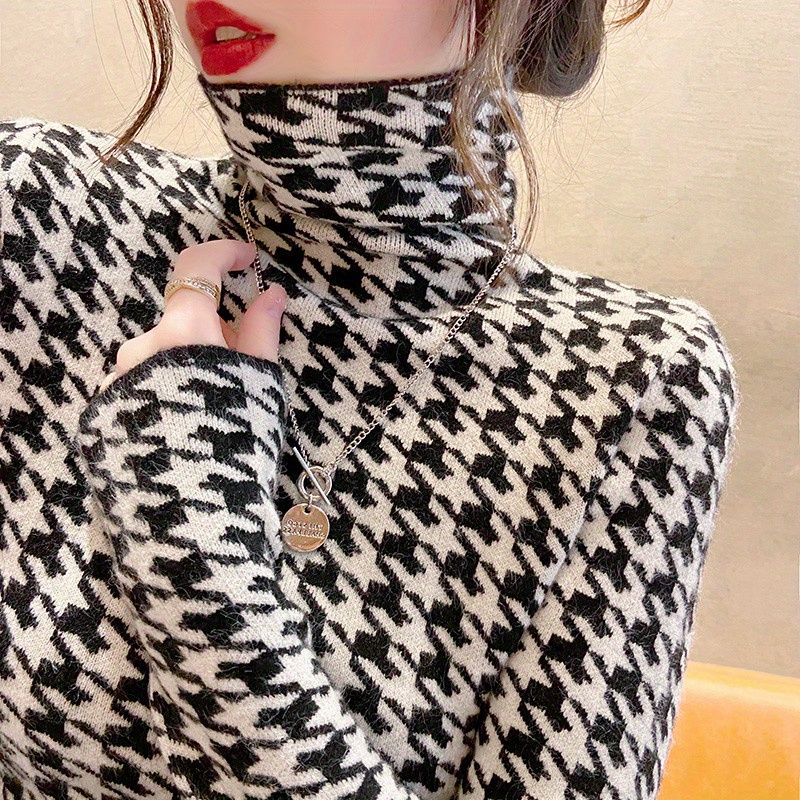 houndstooth pattern turtle neck pullover sweater, houndstooth pattern turtle neck pullover sweater elegant long sleeve slim versatile sweater womens clothing details 0