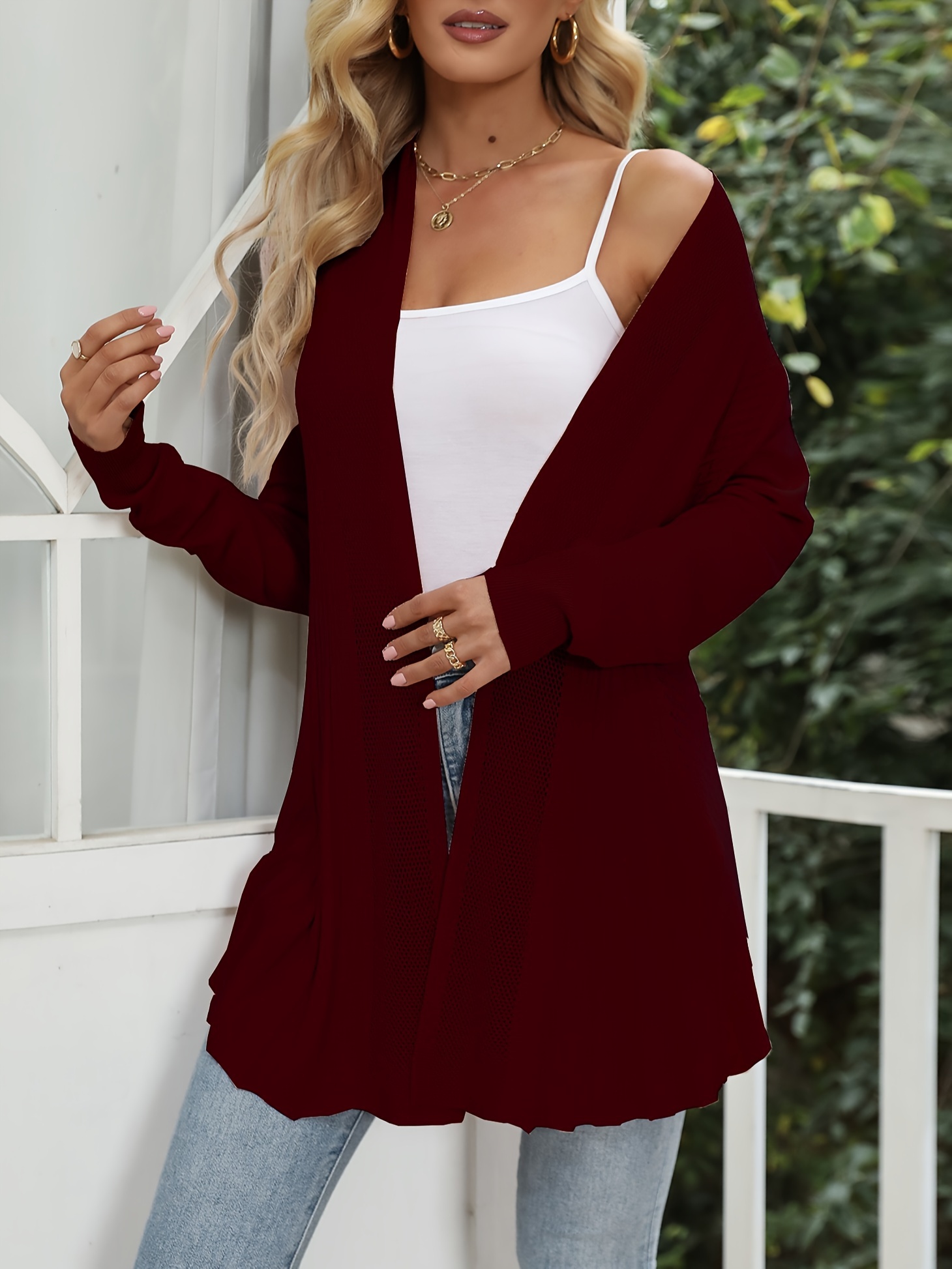 solid open front pointelle knit cardigan casual long sleeve ruffle cardigan for spring fall womens clothing details 12