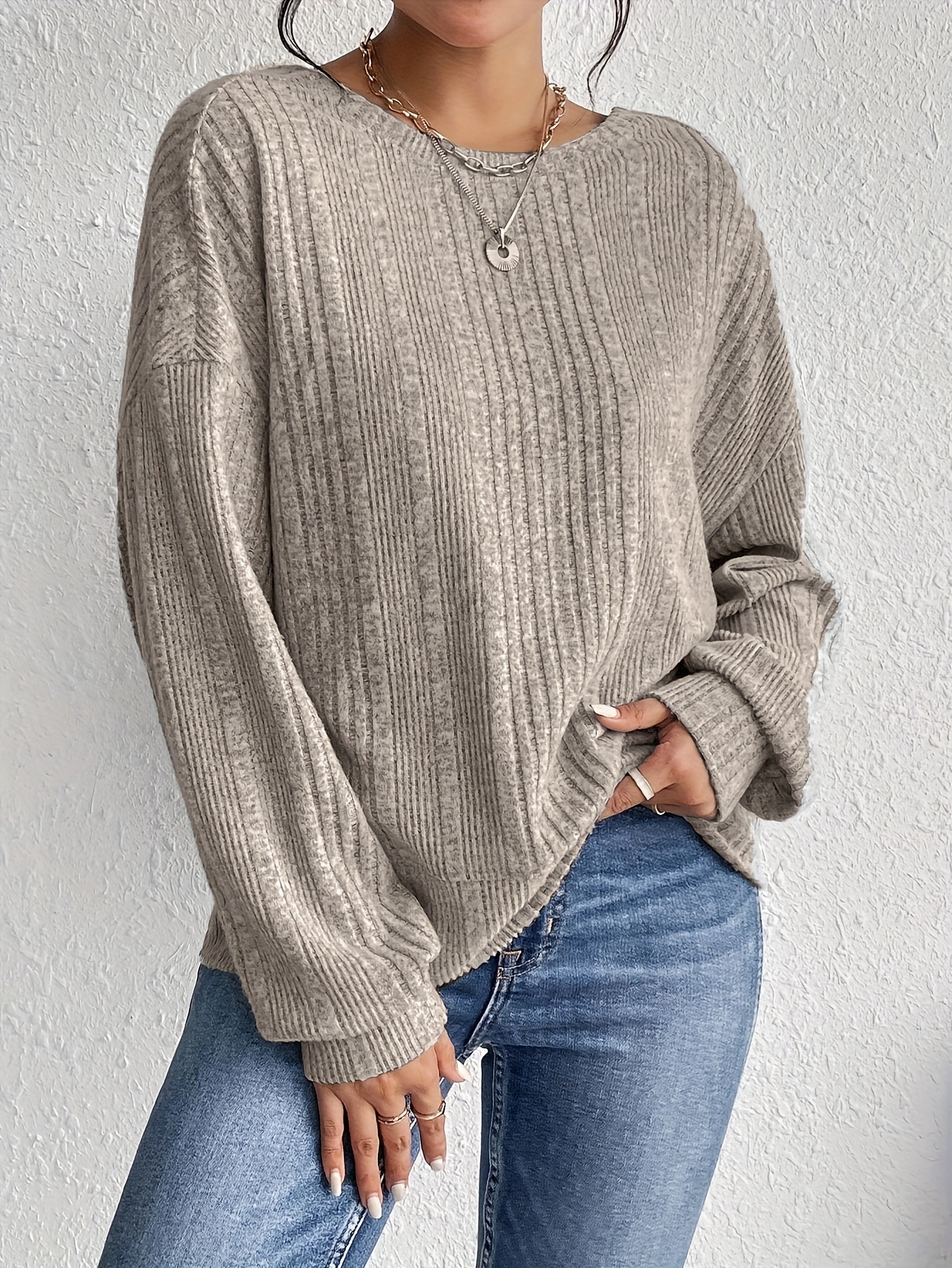 rib knit backless crew neck top casual long sleeve sweater for spring fall womens clothing details 2