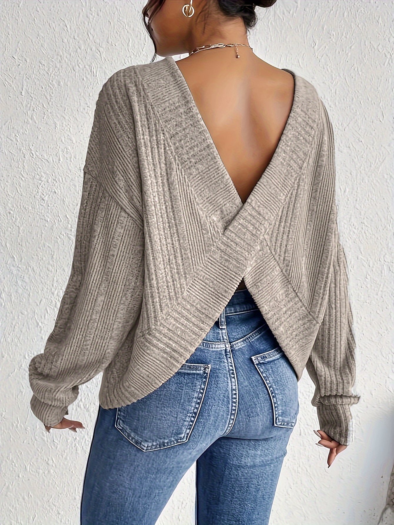 rib knit backless crew neck top casual long sleeve sweater for spring fall womens clothing details 3