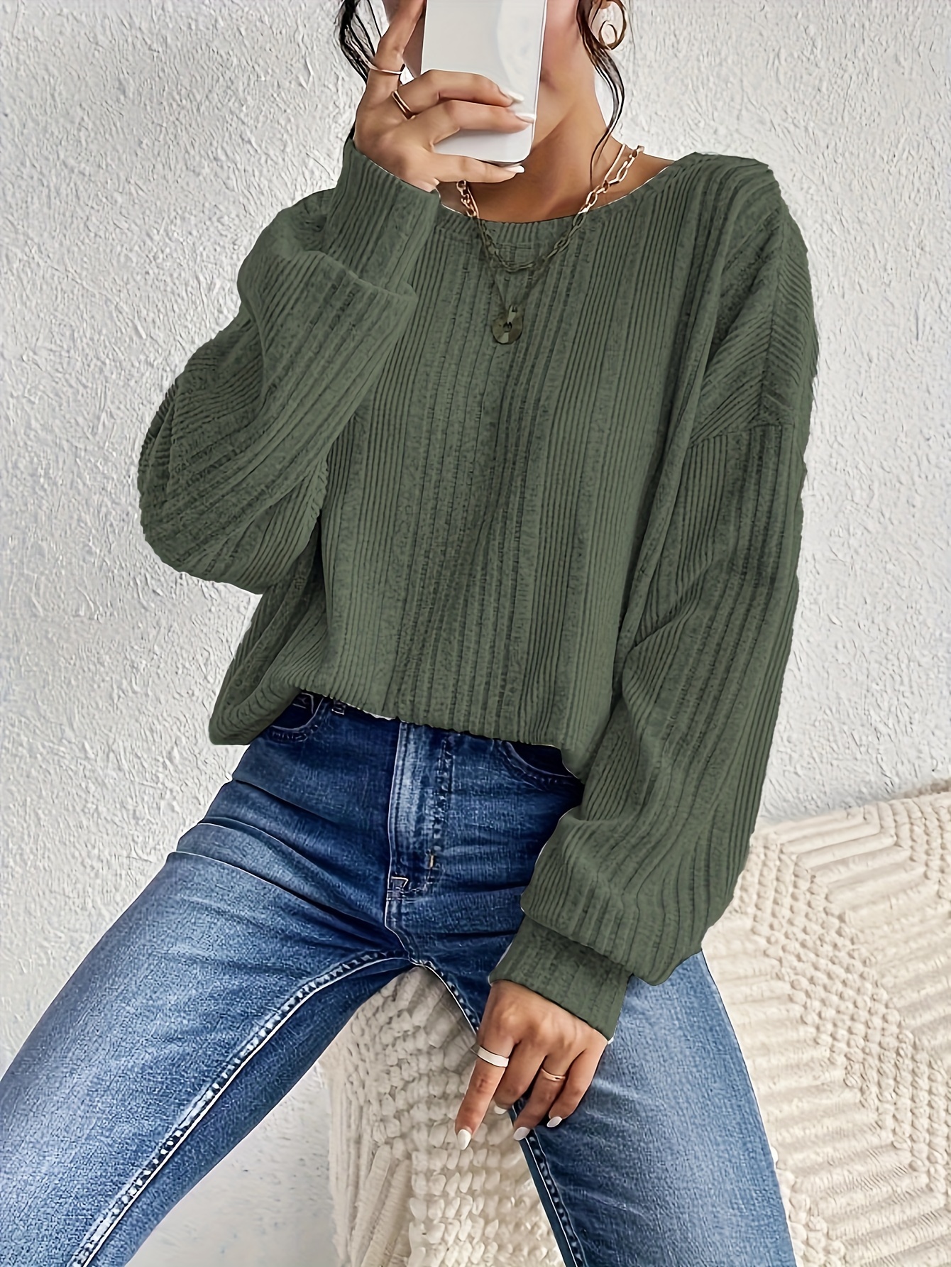 rib knit backless crew neck top casual long sleeve sweater for spring fall womens clothing details 9