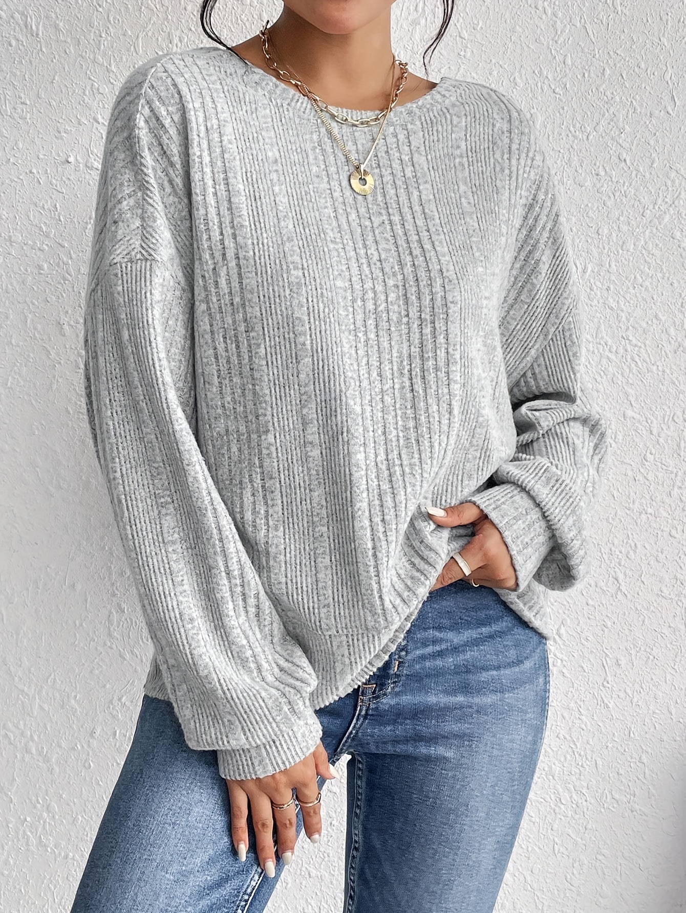 rib knit backless crew neck top casual long sleeve sweater for spring fall womens clothing details 13