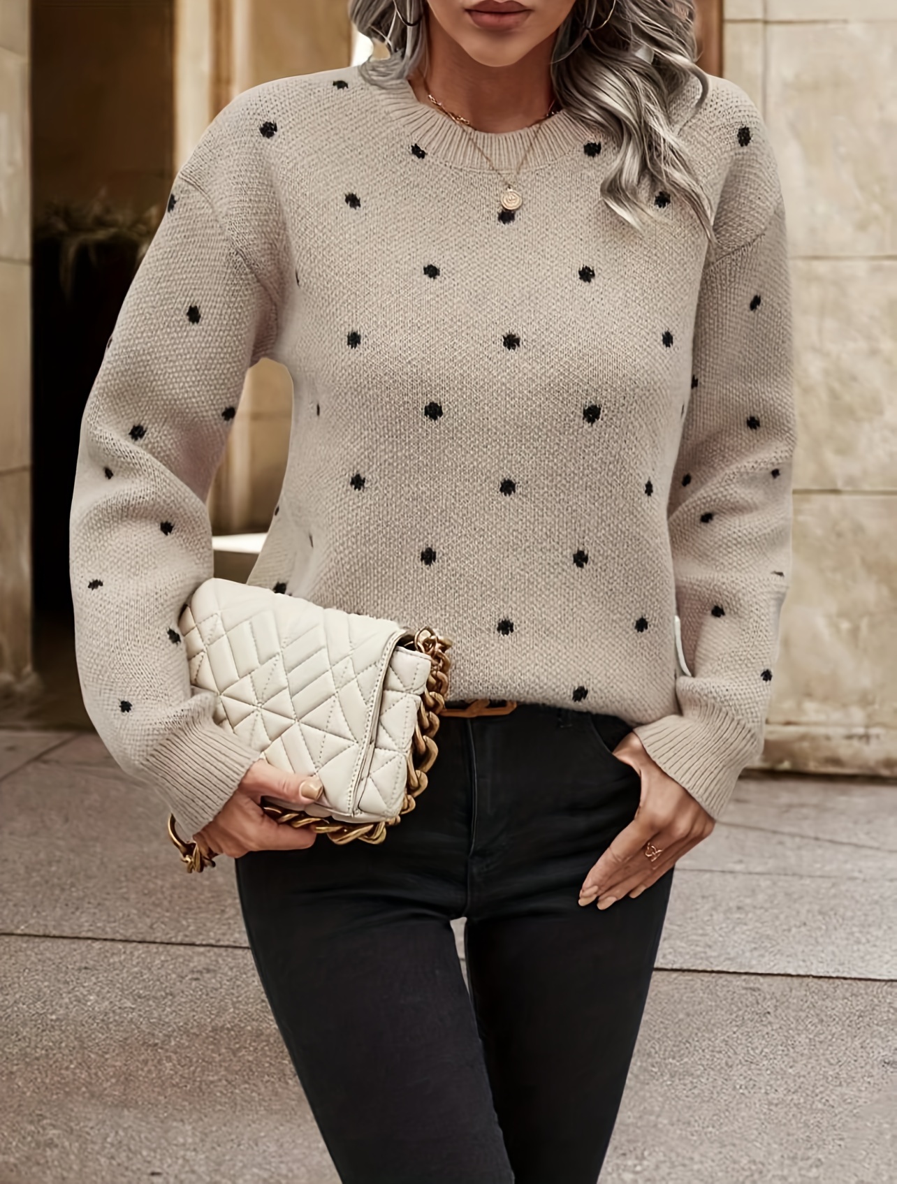 polka dot pattern knit sweater casual long sleeve crew neck sweater womens clothing details 0