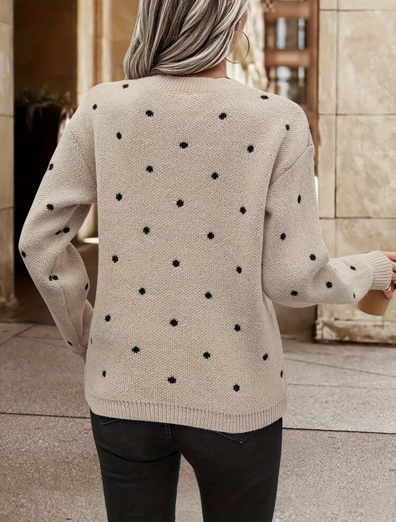 polka dot pattern knit sweater casual long sleeve crew neck sweater womens clothing details 3