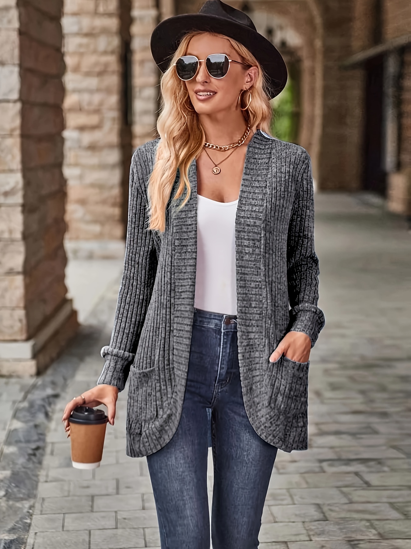 solid open front cardigan casual long sleeve drop shoulder outwear for spring fall womens clothing details 0