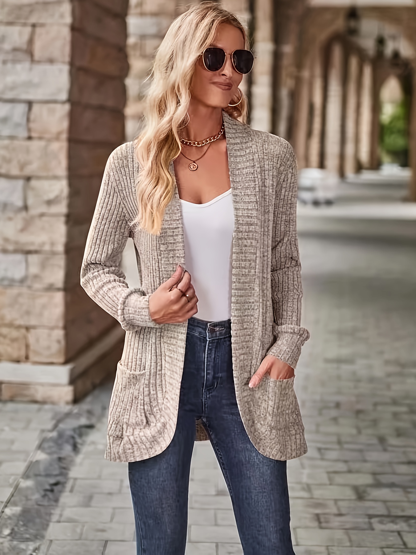 solid open front cardigan casual long sleeve drop shoulder outwear for spring fall womens clothing details 9