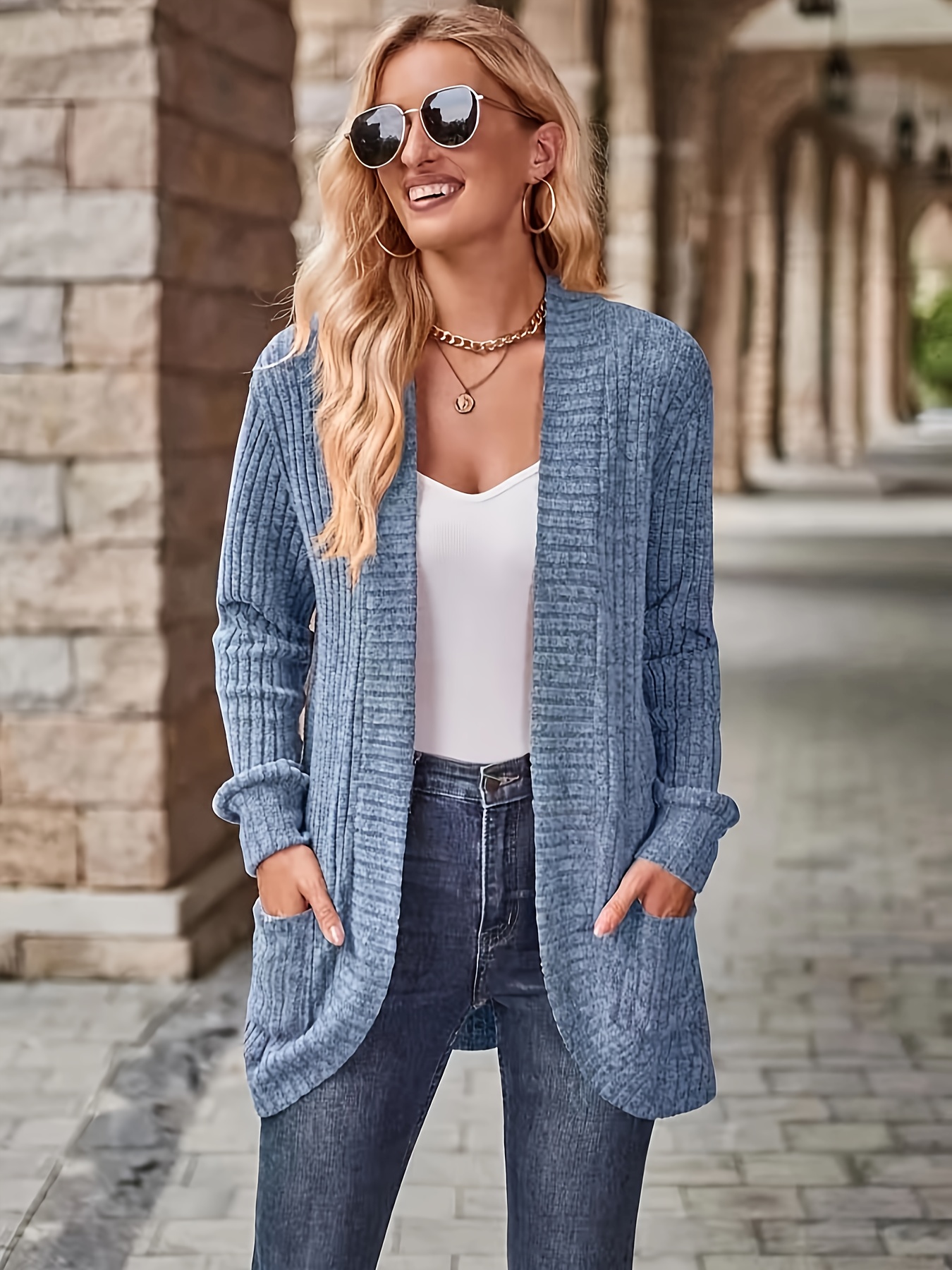 solid open front cardigan casual long sleeve drop shoulder outwear for spring fall womens clothing details 14