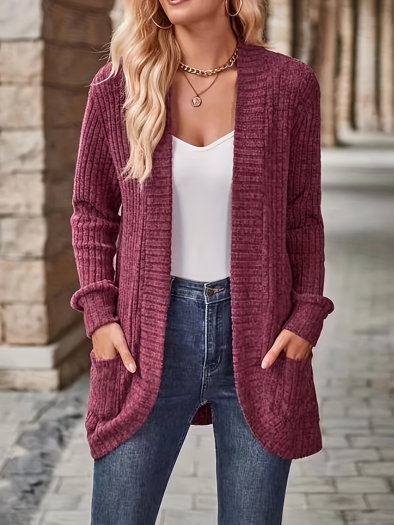 solid open front cardigan casual long sleeve drop shoulder outwear for spring fall womens clothing details 21