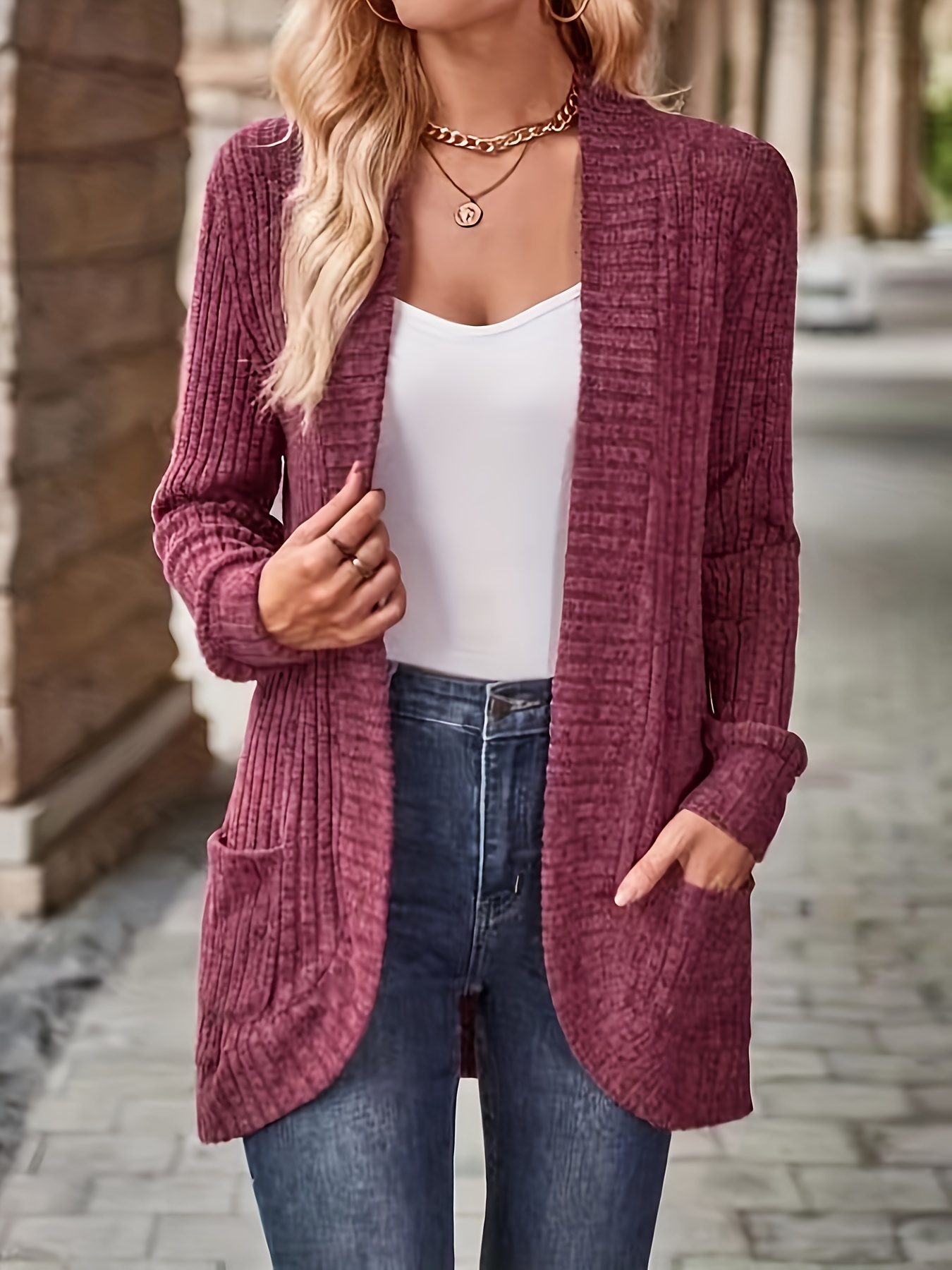 solid open front cardigan casual long sleeve drop shoulder outwear for spring fall womens clothing details 22