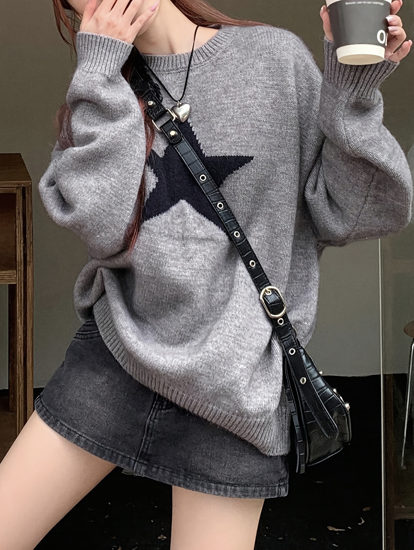 star pattern crew neck knit sweater y2k long sleeve pullover sweater womens clothing details 3