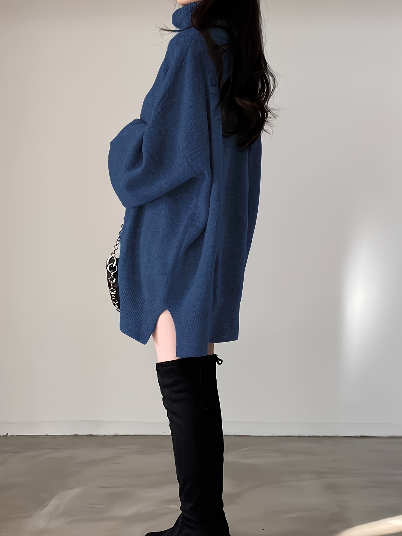 solid turtle neck oversized sweater casual long sleeve split sweater womens clothing details 11