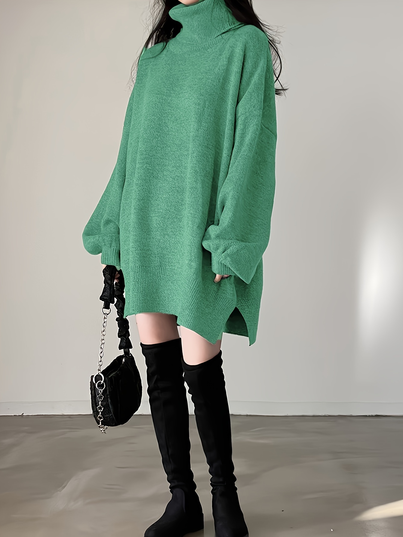 solid turtle neck oversized sweater casual long sleeve split sweater womens clothing details 15