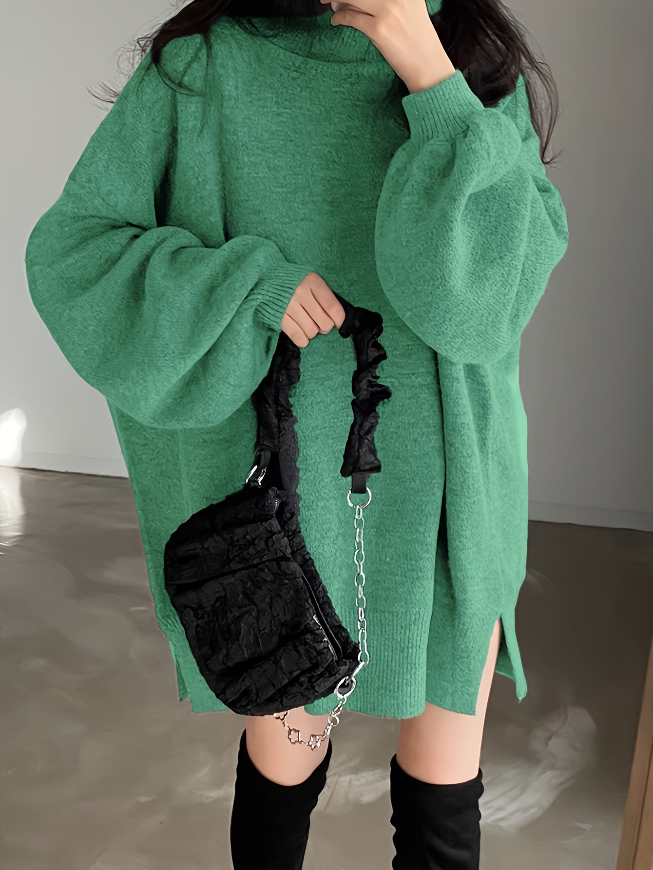 solid turtle neck oversized sweater casual long sleeve split sweater womens clothing details 17