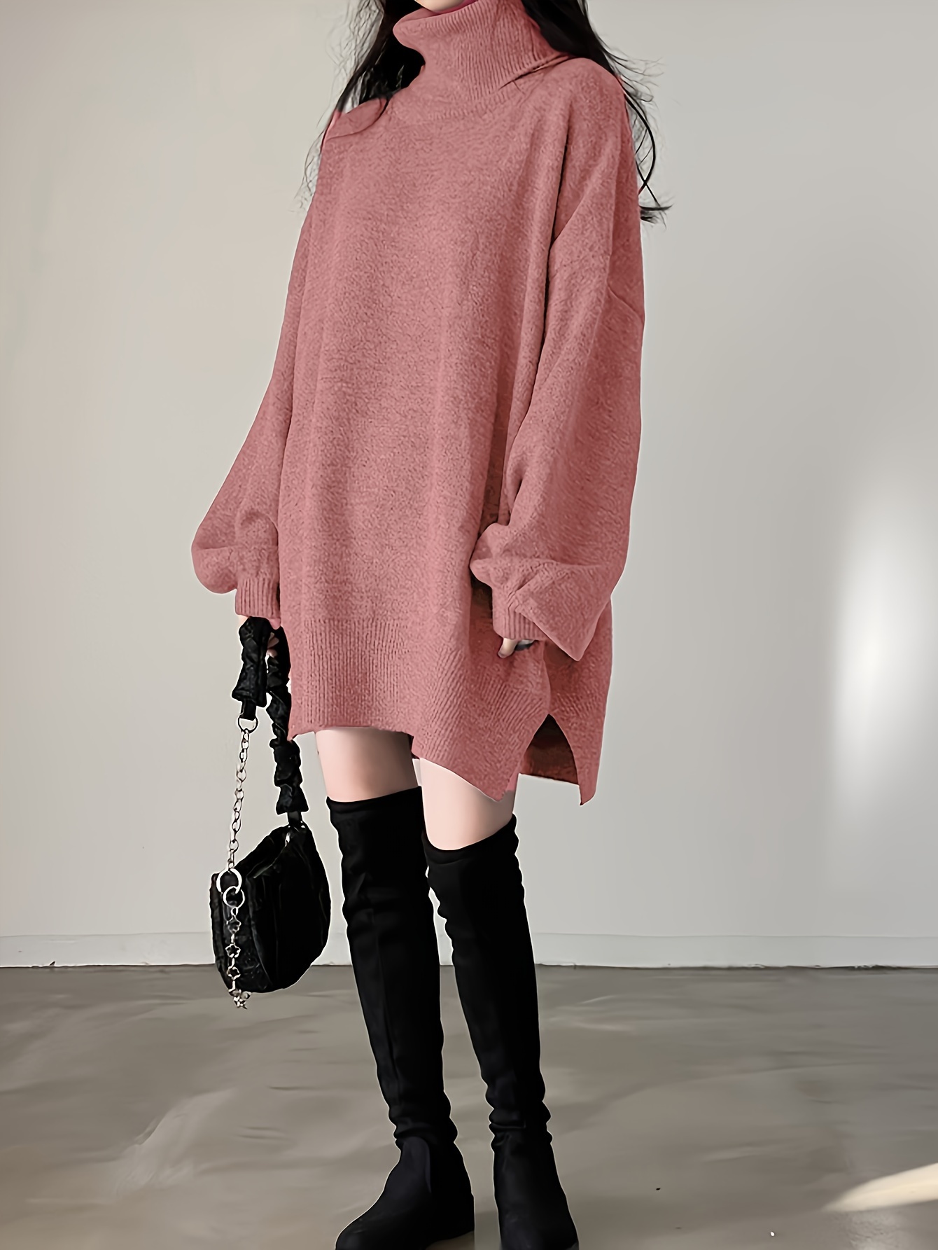 solid turtle neck oversized sweater casual long sleeve split sweater womens clothing details 20