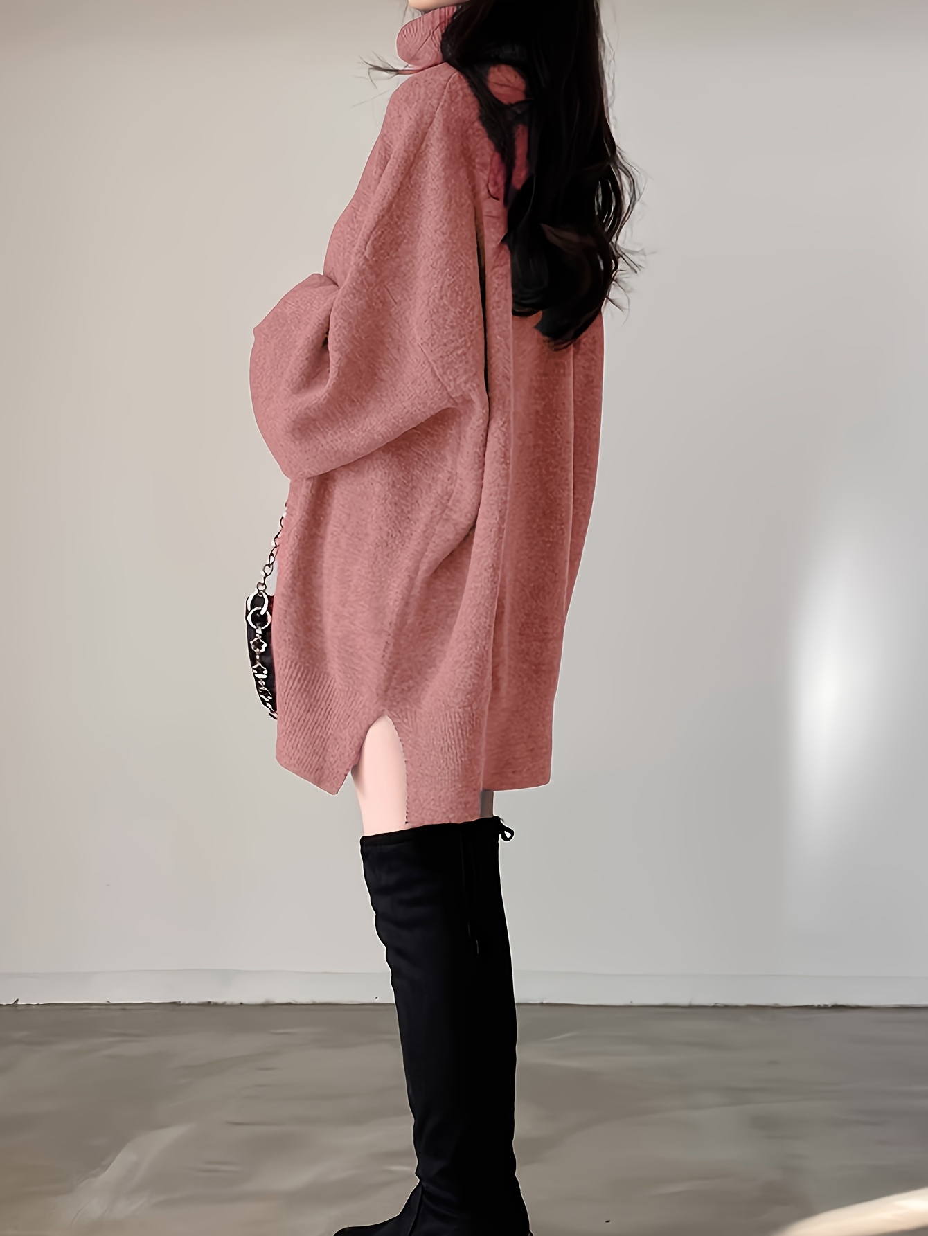 solid turtle neck oversized sweater casual long sleeve split sweater womens clothing details 21