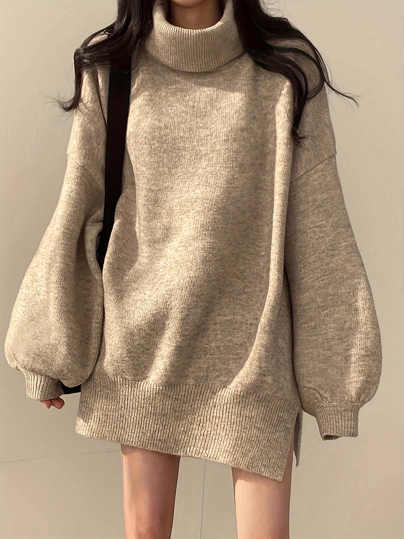 solid turtle neck oversized sweater casual long sleeve split sweater womens clothing details 25