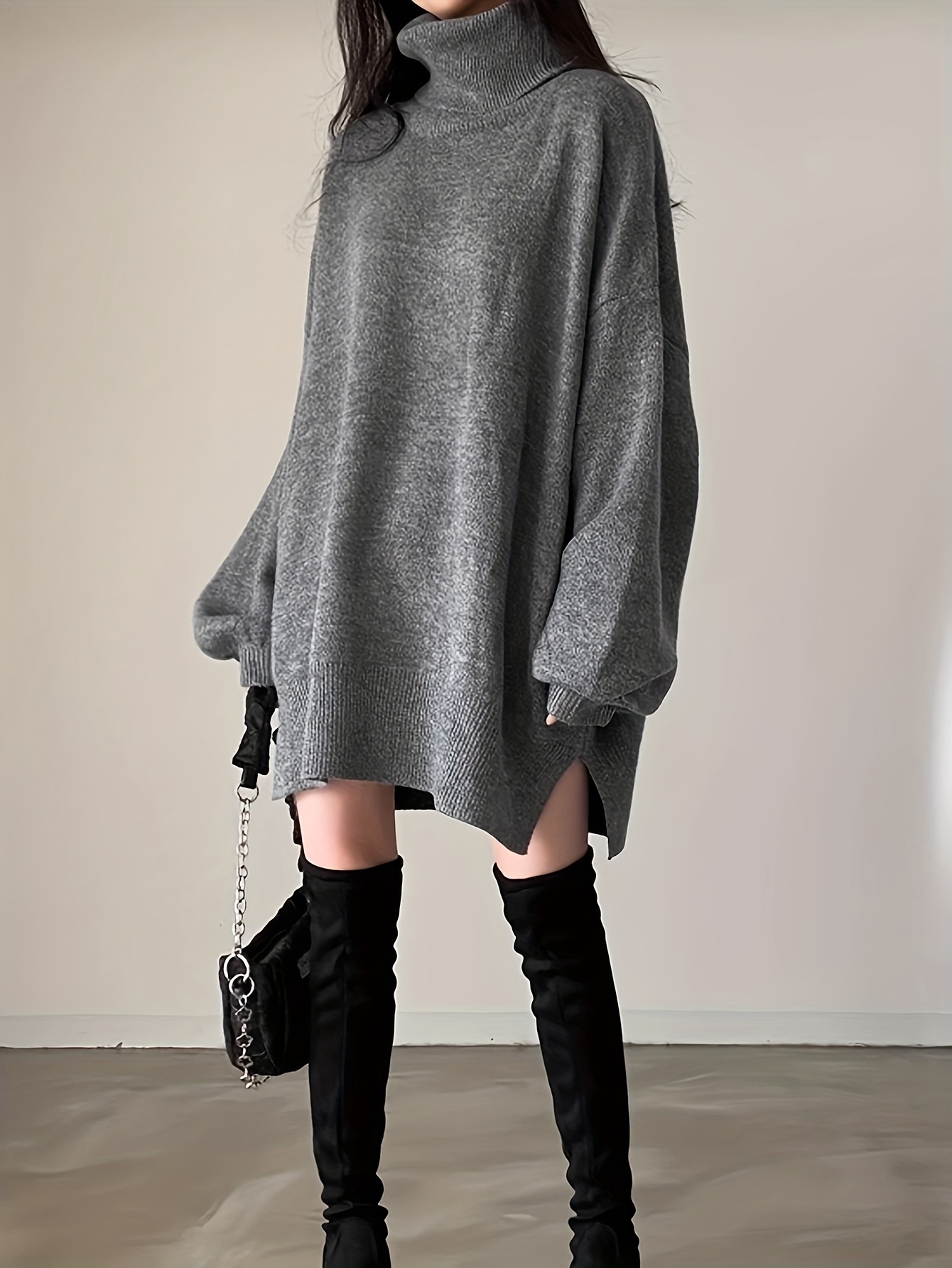 solid turtle neck oversized sweater casual long sleeve split sweater womens clothing details 30