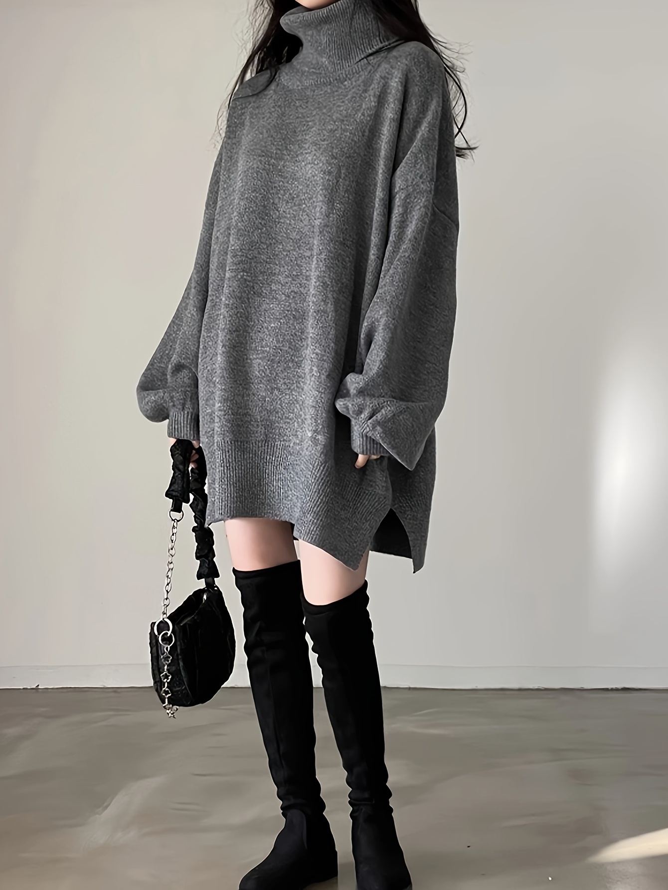 solid turtle neck oversized sweater casual long sleeve split sweater womens clothing details 32