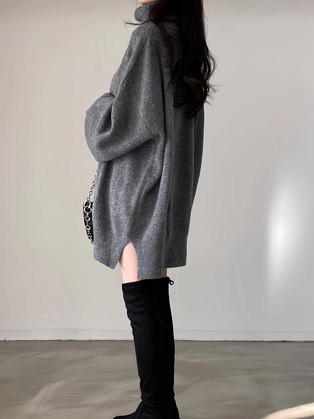 solid turtle neck oversized sweater casual long sleeve split sweater womens clothing details 34