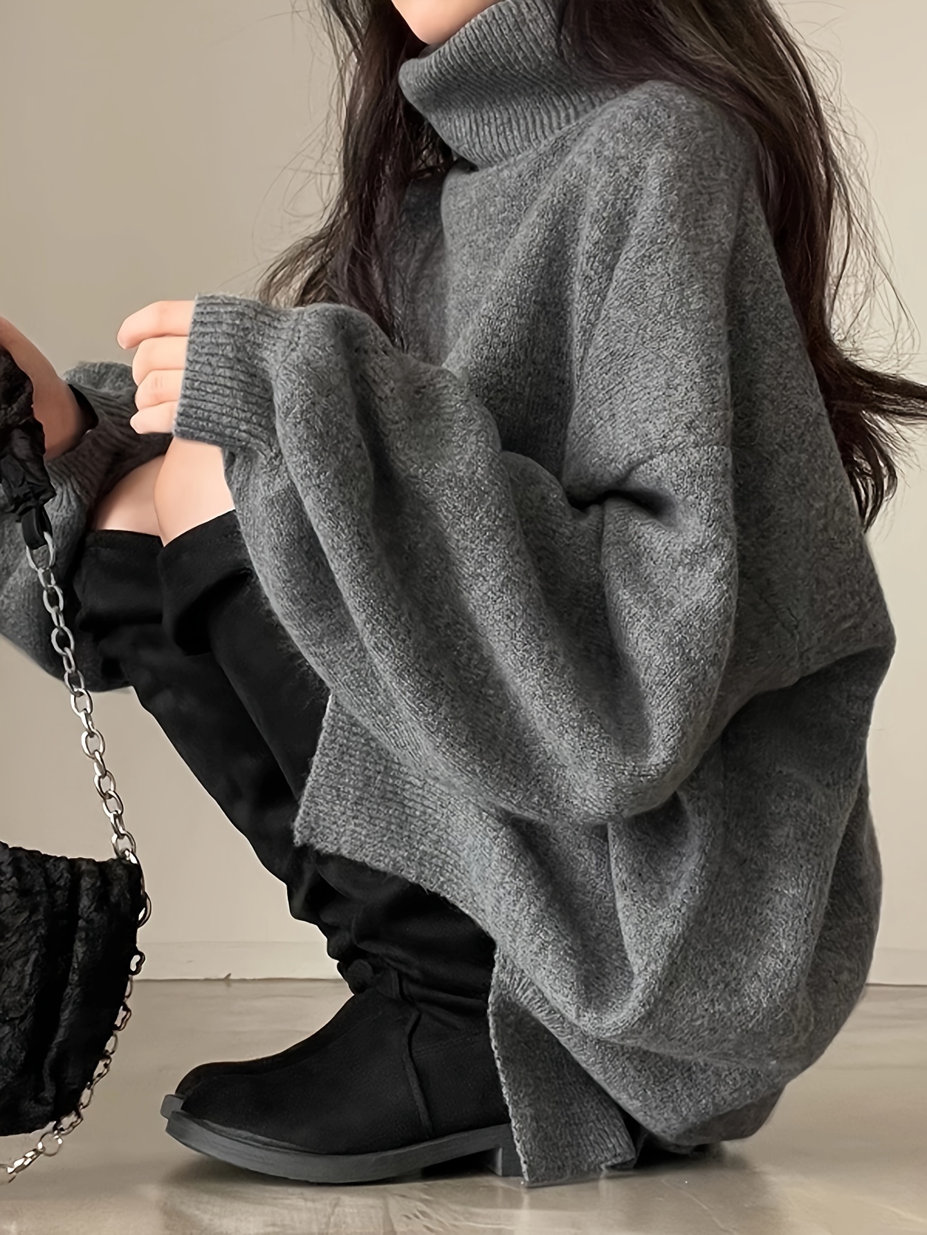 solid turtle neck oversized sweater casual long sleeve split sweater womens clothing details 35