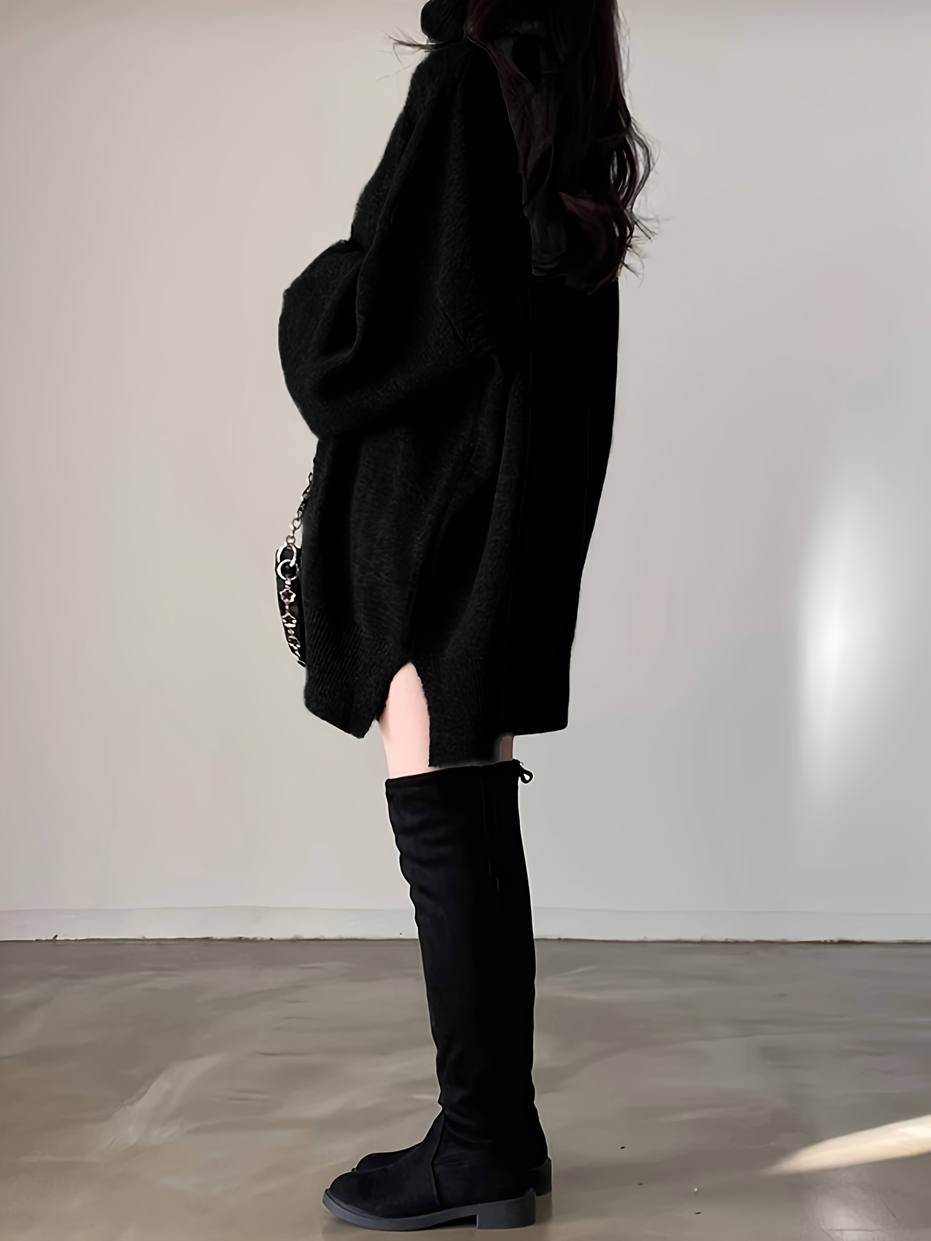 solid turtle neck oversized sweater casual long sleeve split sweater womens clothing details 40