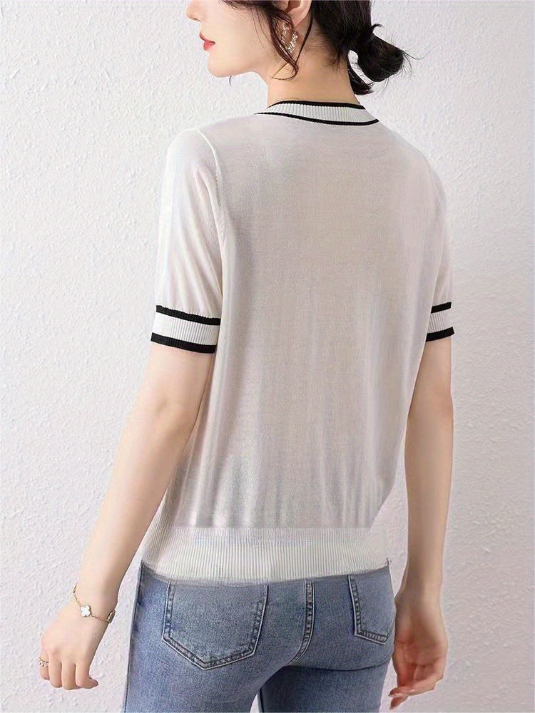 color block tied knit sweater casual v neck short sleeve sweater womens clothing details 5