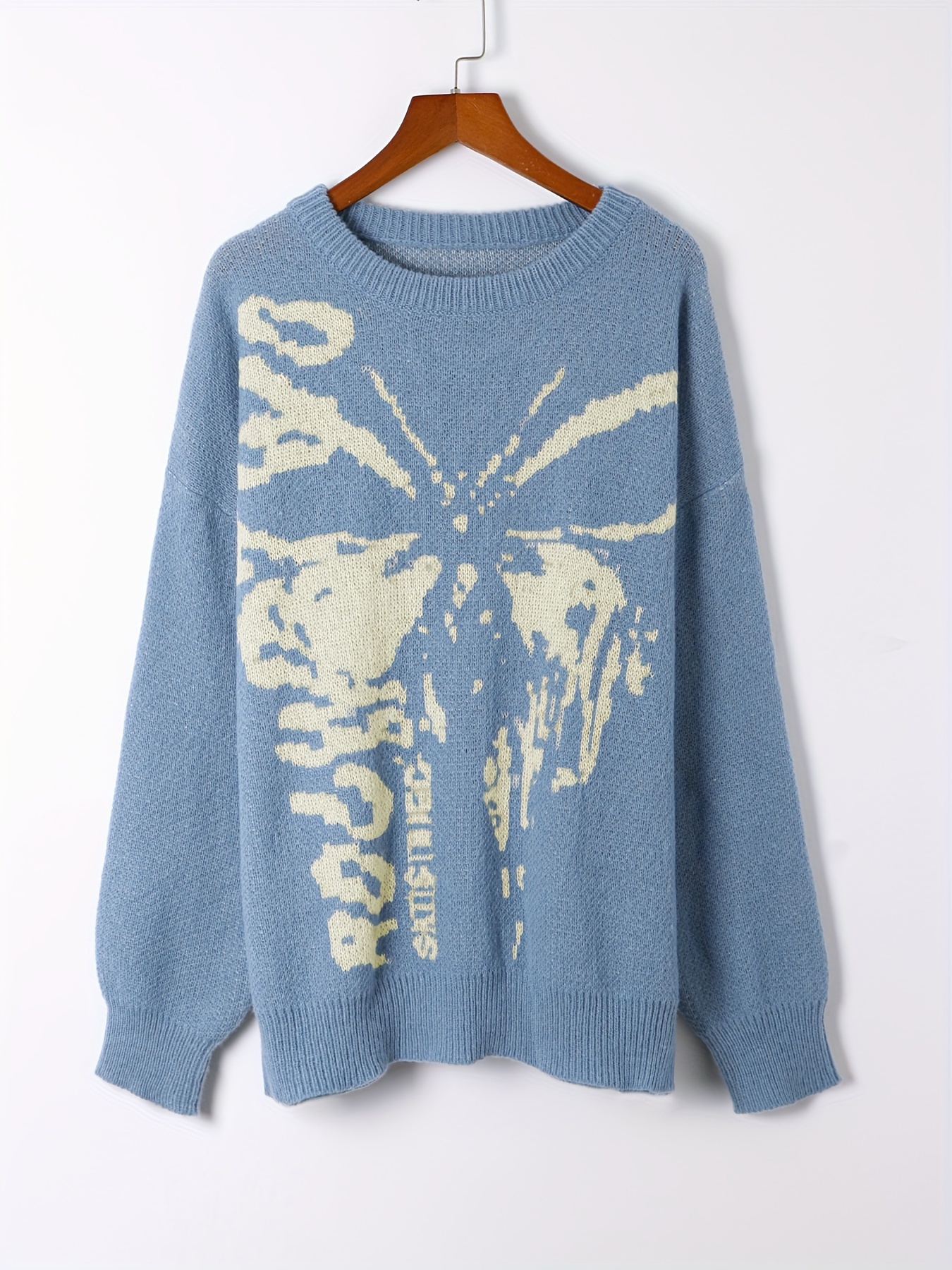 butterfly pattern knit sweater y2k crew neck long sleeve sweater womens clothing details 0