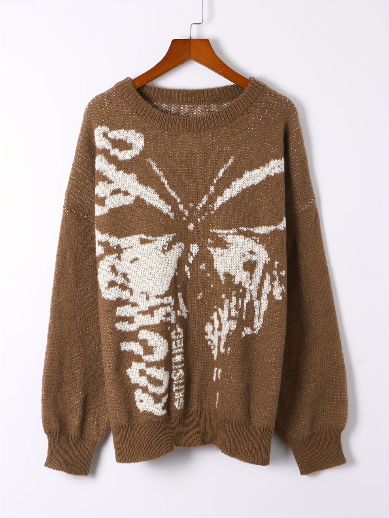 butterfly pattern knit sweater y2k crew neck long sleeve sweater womens clothing details 6