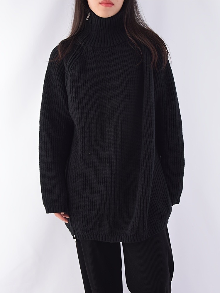 solid zip up oversized pullover sweater casual turtle neck long sleeve sweater womens clothing details 0