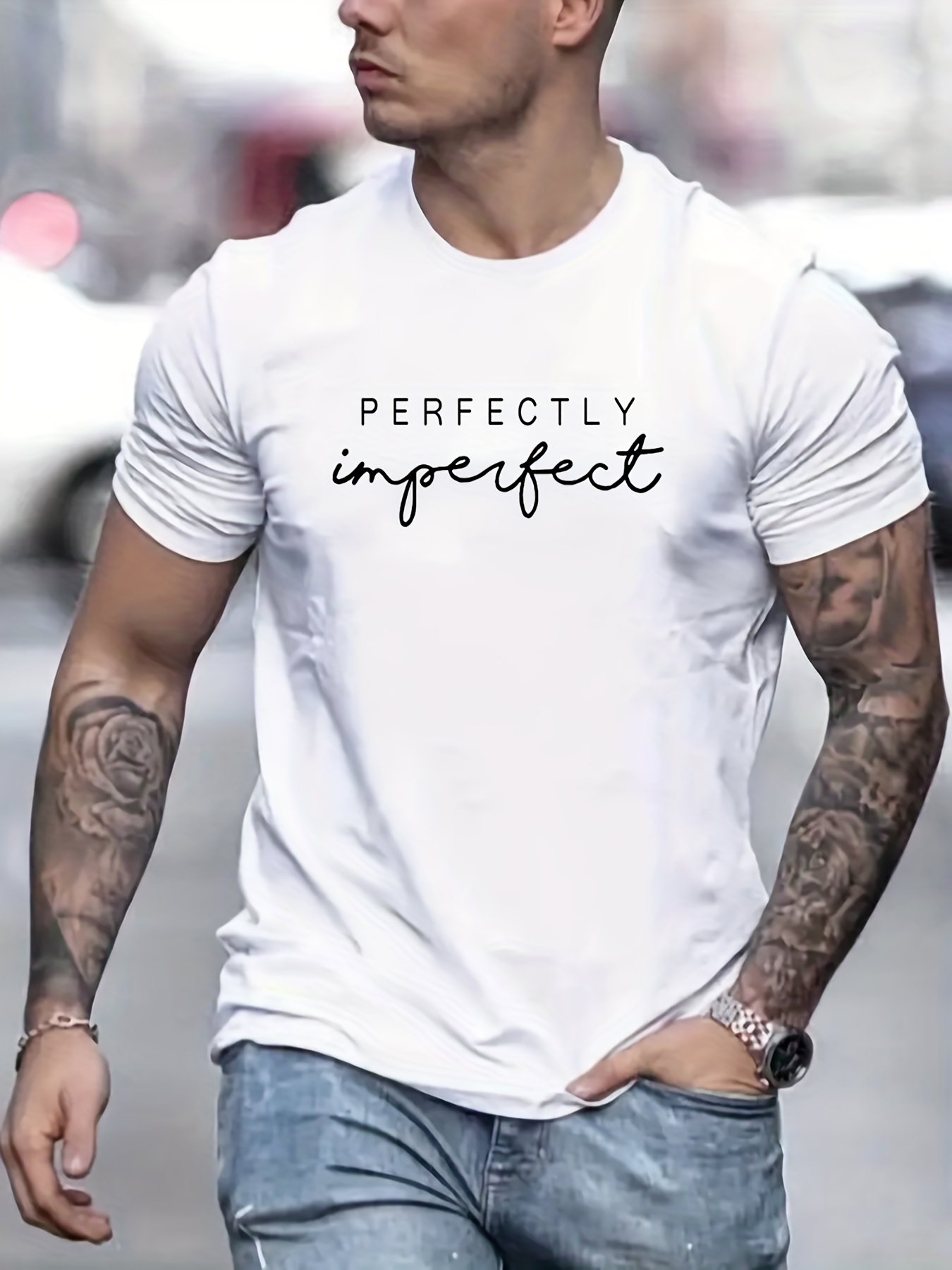 perfectly imperfect print t shirt mens casual street style slightly stretch round neck tee shirt for summer fall details 5