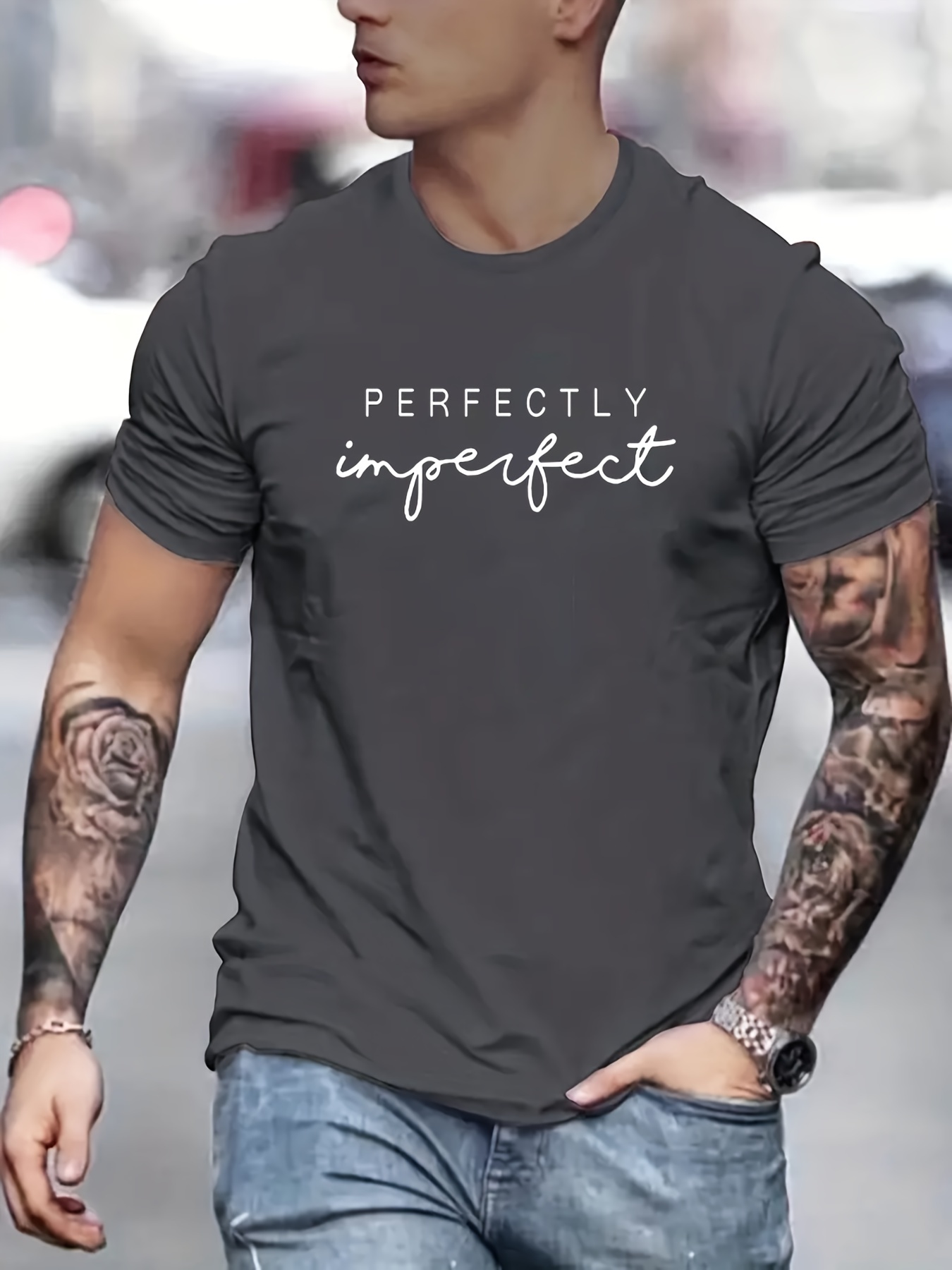 perfectly imperfect print t shirt mens casual street style slightly stretch round neck tee shirt for summer fall details 50