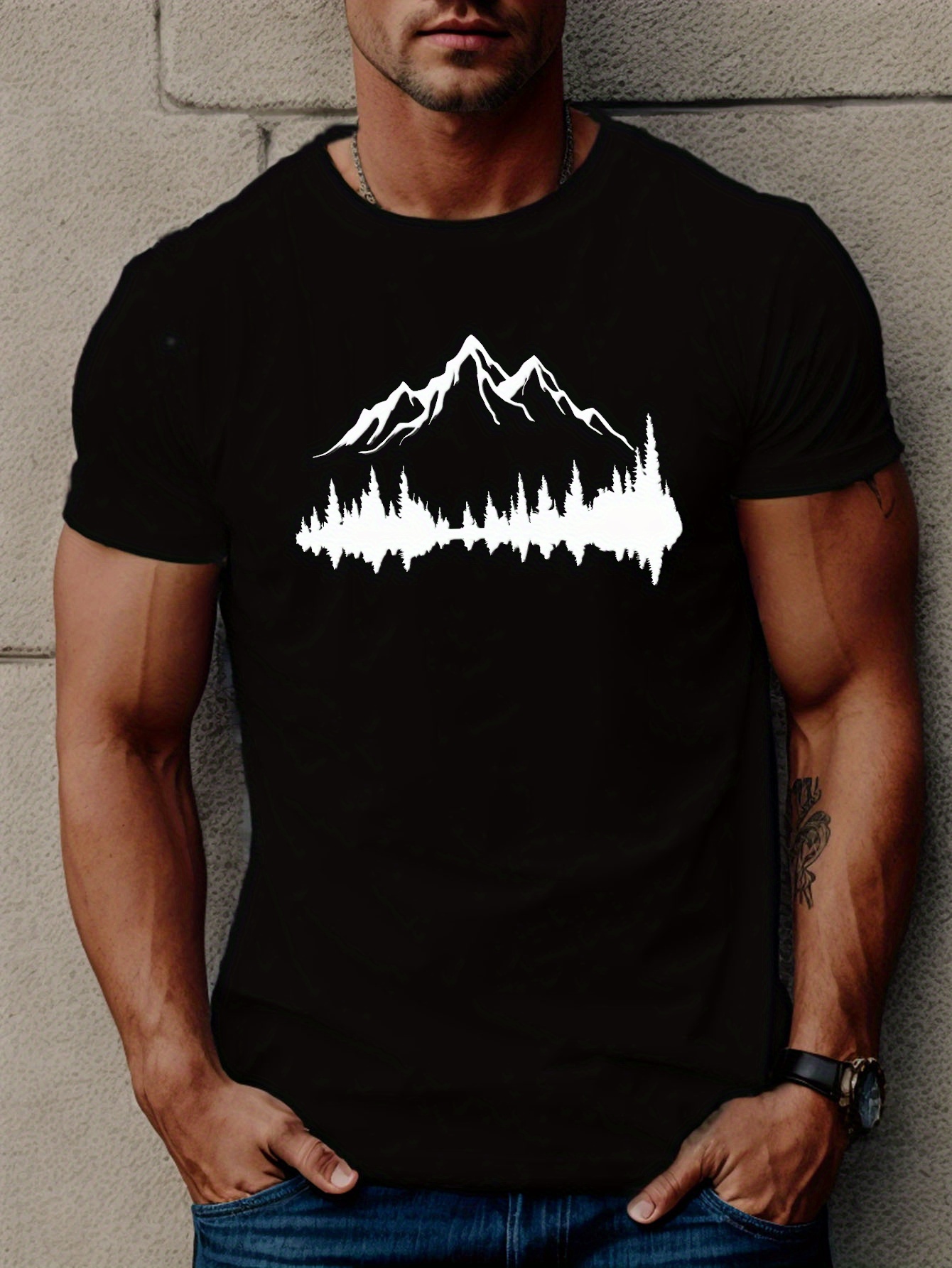 mountains and trees print t shirt tees for men casual short sleeve t shirt for summer details 0