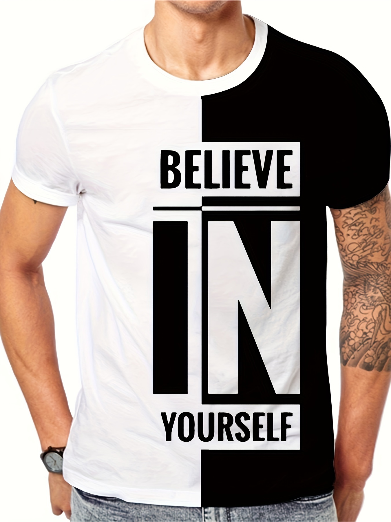 mens stylish believe in yourself pattern shirt casual breathable crew neck short sleeve tee top for city walk street hanging outdoor activities details 0