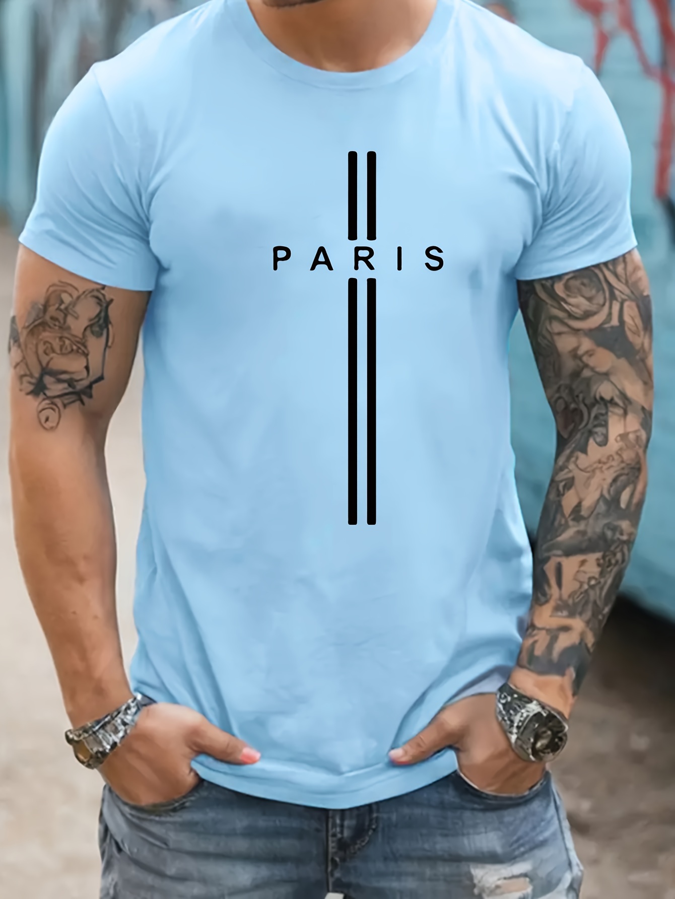 paris print mens graphic design crew neck active t shirt casual comfy tees tshirts for summer mens clothing tops for daily gym workout details 3