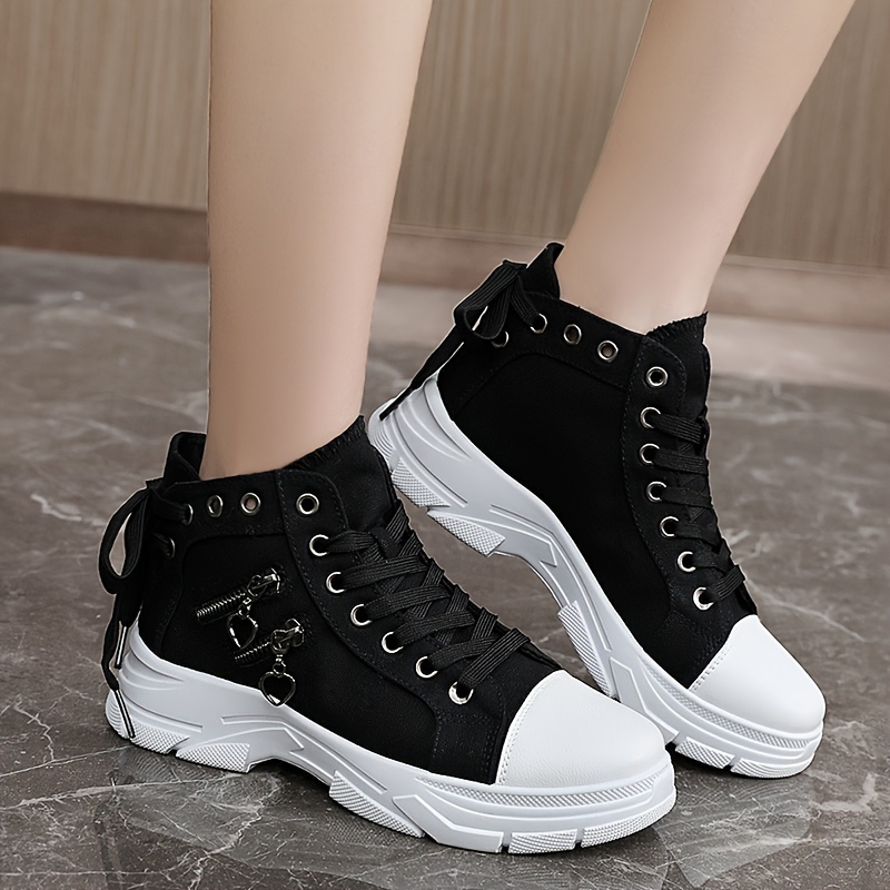 womens platform side zipper design canvas shoes casual lace up outdoor shoes comfortable valentines day sneakers details 5