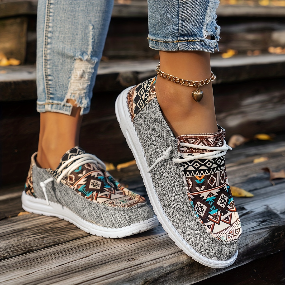 womens tribal print canvas shoes lightweight round toe low top sneakers casual outdoor walking flat shoes details 8