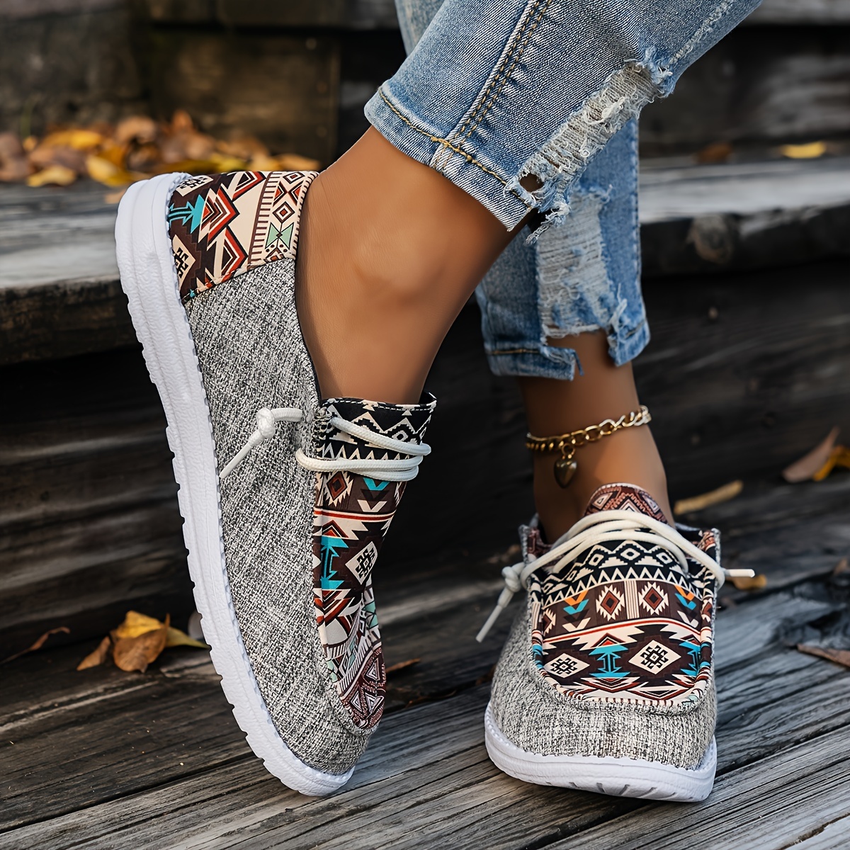 womens tribal print canvas shoes lightweight round toe low top sneakers casual outdoor walking flat shoes details 9