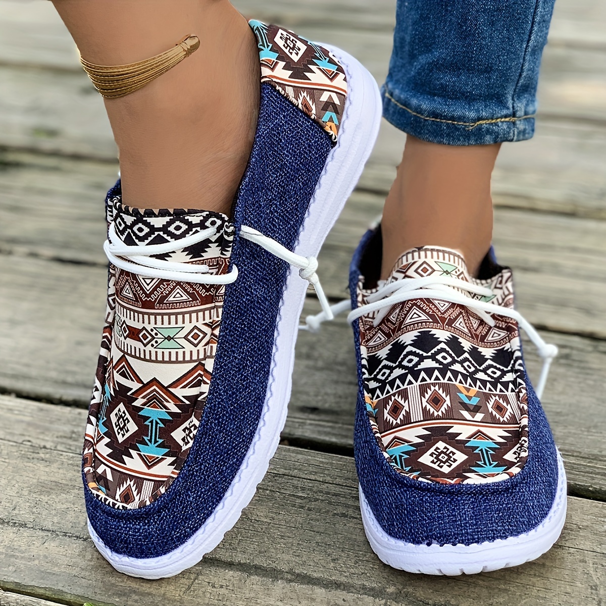 womens tribal print canvas shoes lightweight round toe low top sneakers casual outdoor walking flat shoes details 14