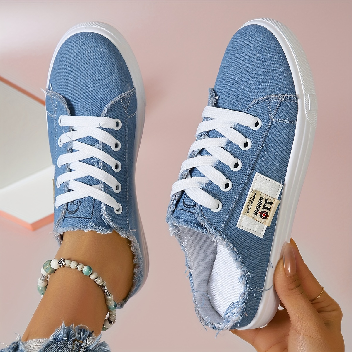 Women s Backless Flat Canvas Shoes, Casual Lace Up Low Top Mule Sneakers, Lightweight All-Match Skate Shoes details 1