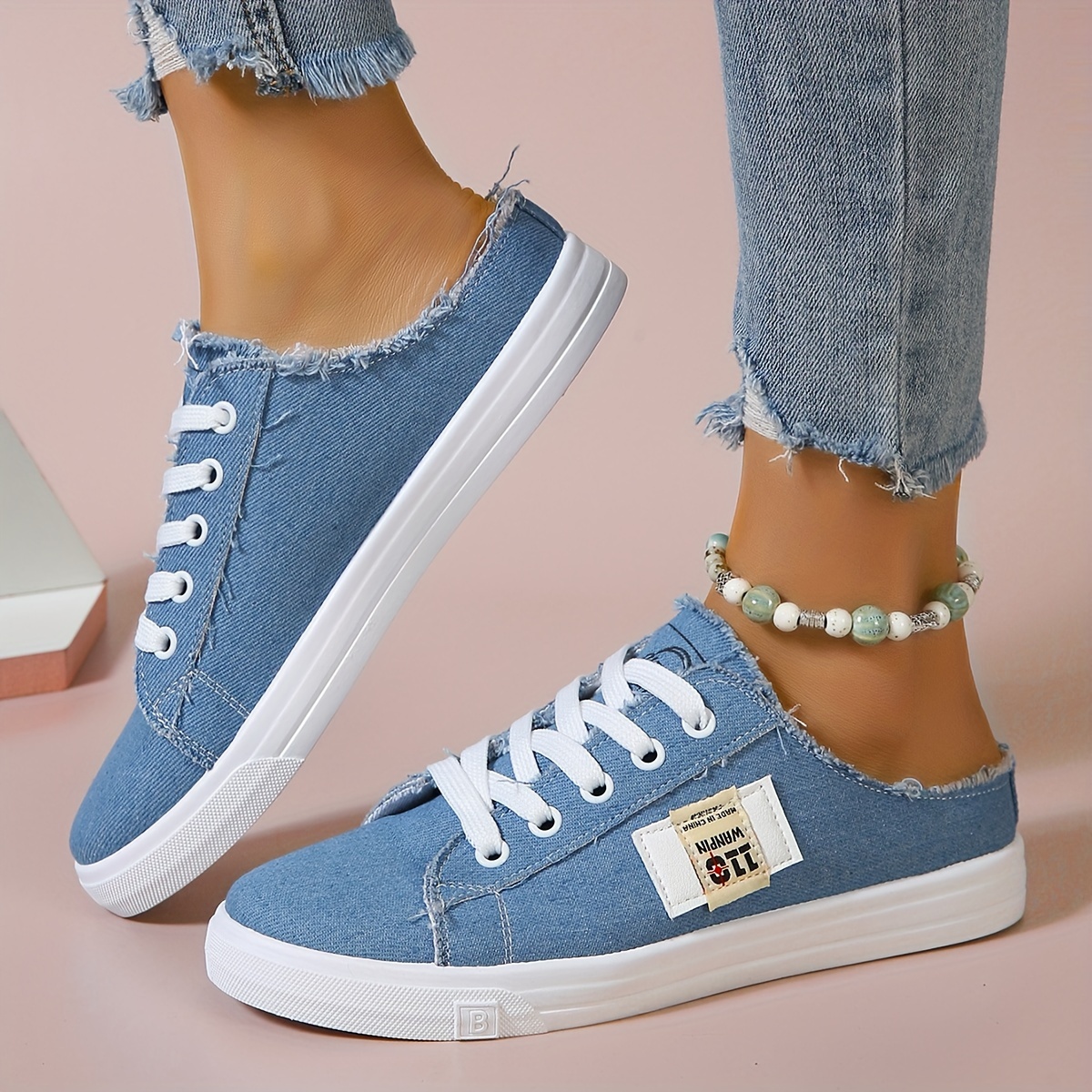 Women s Backless Flat Canvas Shoes, Casual Lace Up Low Top Mule Sneakers, Lightweight All-Match Skate Shoes details 5