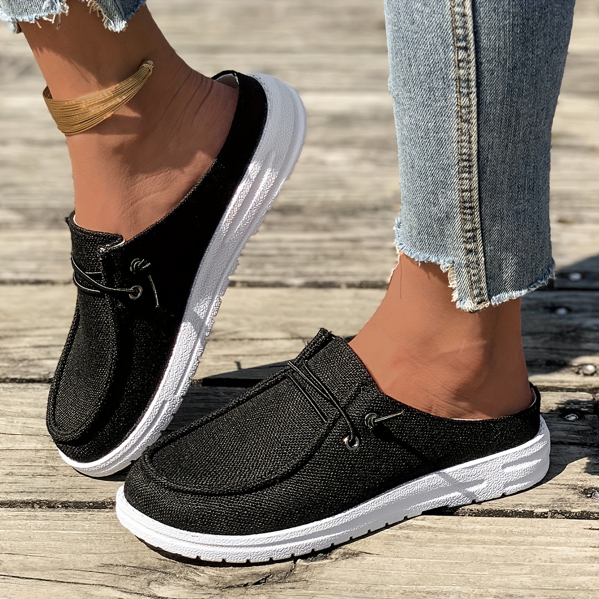 Women s Simple Solid Color Canvas Shoes, Casual Lace Up Outdoor Shoes, Lightweight Mule Sneakers details 1